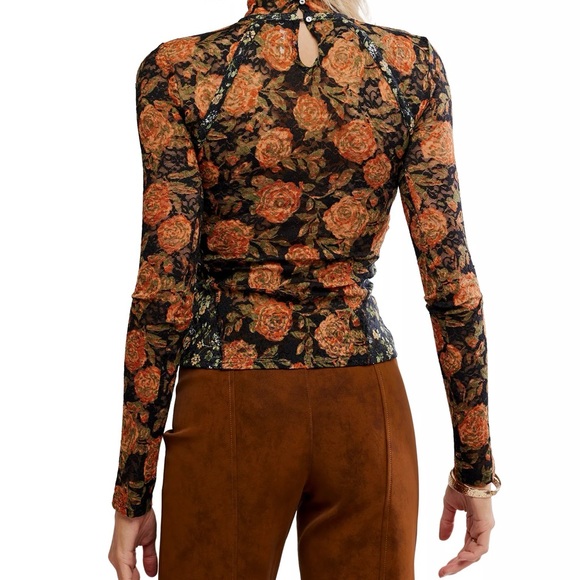 Free People Lyric Floral Mesh Mock Neck Top NWT Medium Sheer Fitted Long Sleeve - Picture 7 of 9